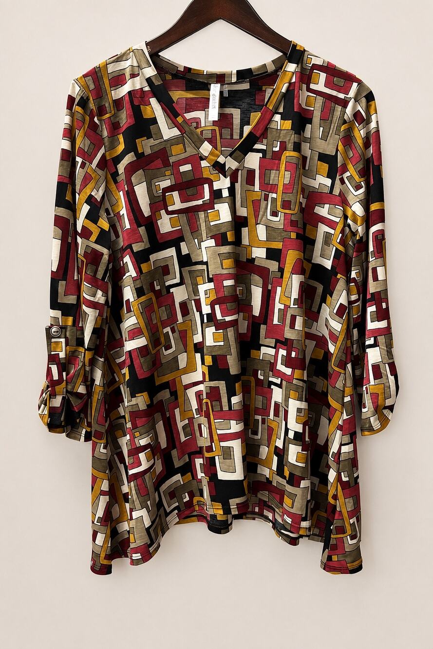 Dear Scarlett L Geometric Abstract Tunic Blouse V Neck 3/4 Roll Tab Sleeve